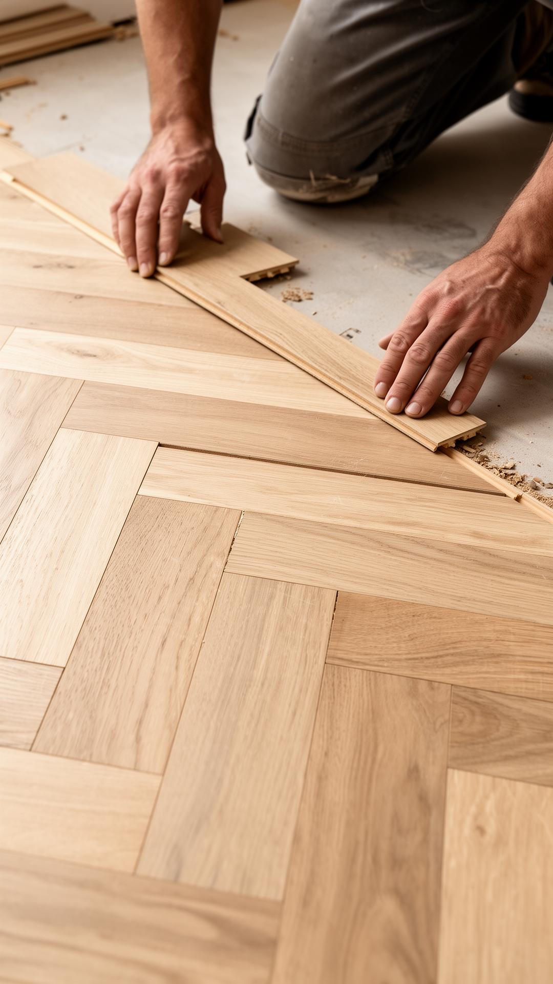Close inspection of hardwood flooring with sample boards